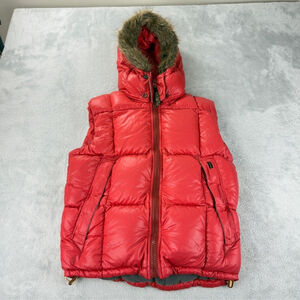 Paul Smith Jeans Women's Size Large Red Goose Down Puffer Vest Faux Fur w/Flaws